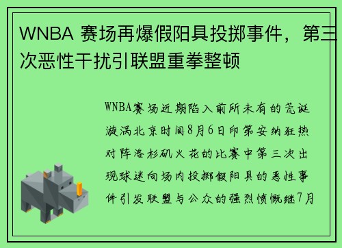 WNBA 赛场再爆假阳具投掷事件，第三次恶性干扰引联盟重拳整顿